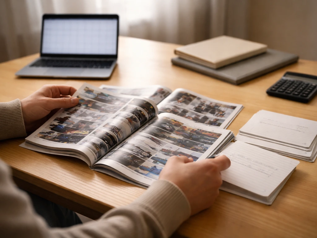 Desk scene with scattered spreadsheets and product catalogs, symbolizing private-company net worth estimate research