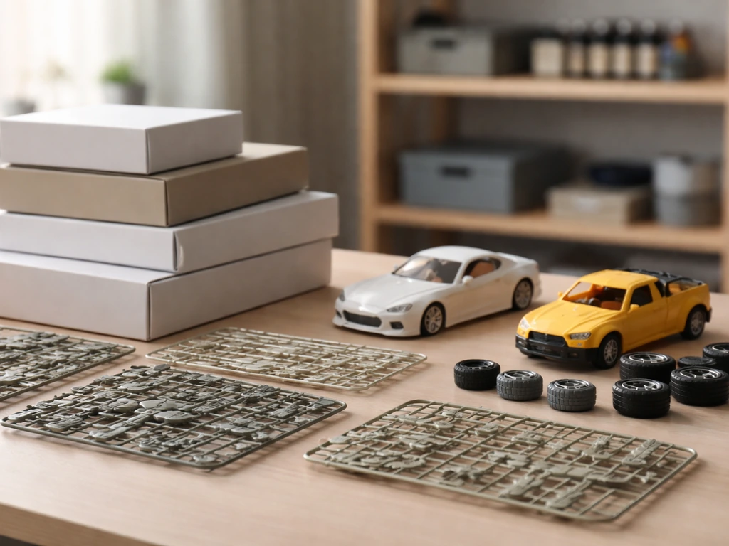 Scale model kit parts and small RC car pieces on a wooden desk in natural light.