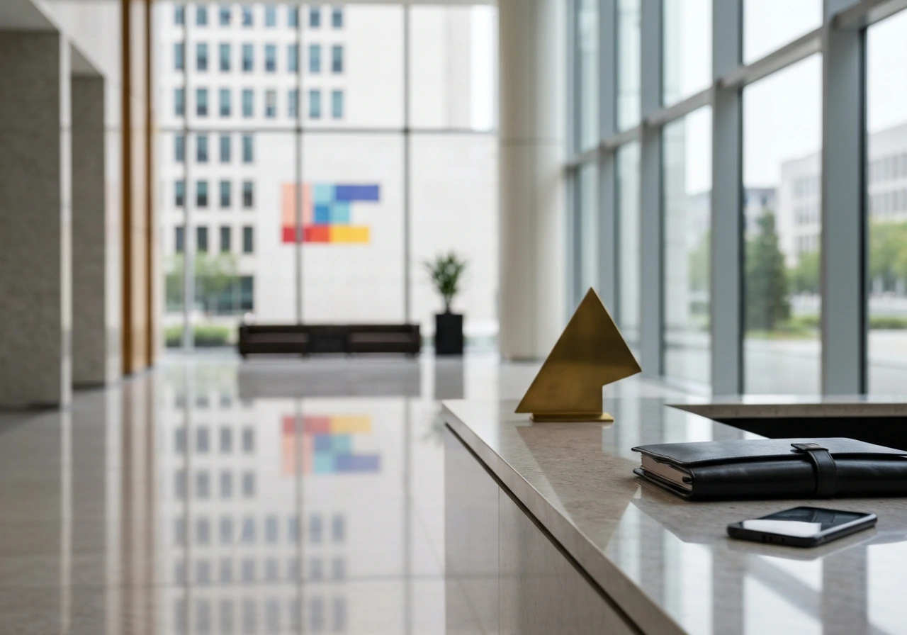 Minimal corporate lobby scene with a portfolio and smartphone, conveying executive business leadership.