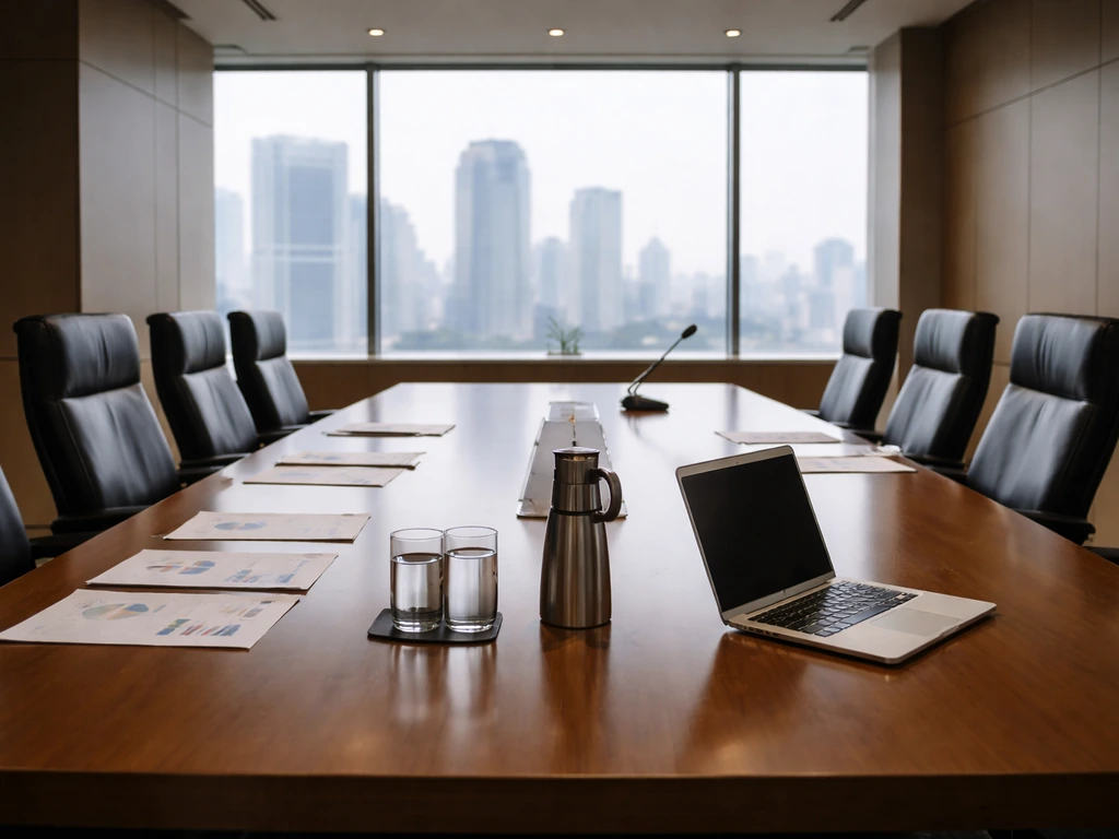 Empty executive conference room with laptop and microphone, daylight through large windows over a Tokyo skyline.