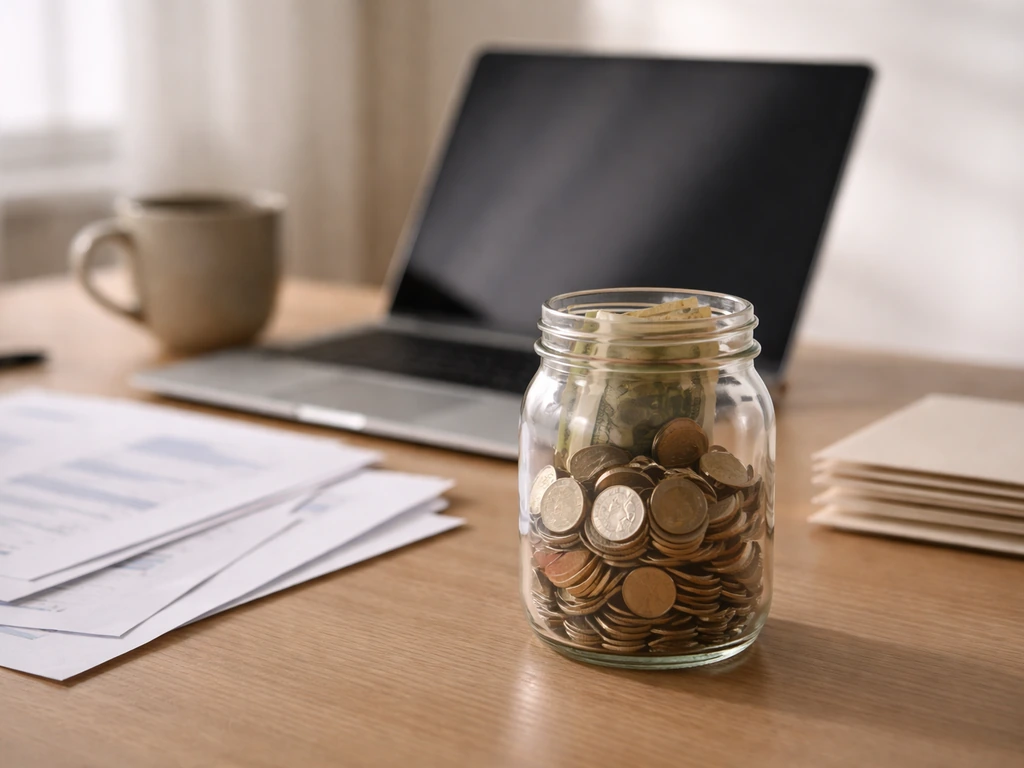 Minimal desk scene with coins in a jar and blank documents suggesting a wealth profile breakdown.