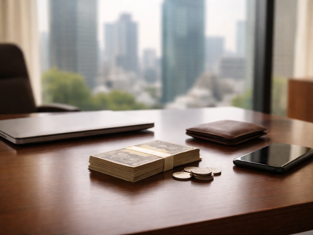 Minimal Tokyo office desk with yen cash and coins near a laptop, symbolizing peer wealth comparison.