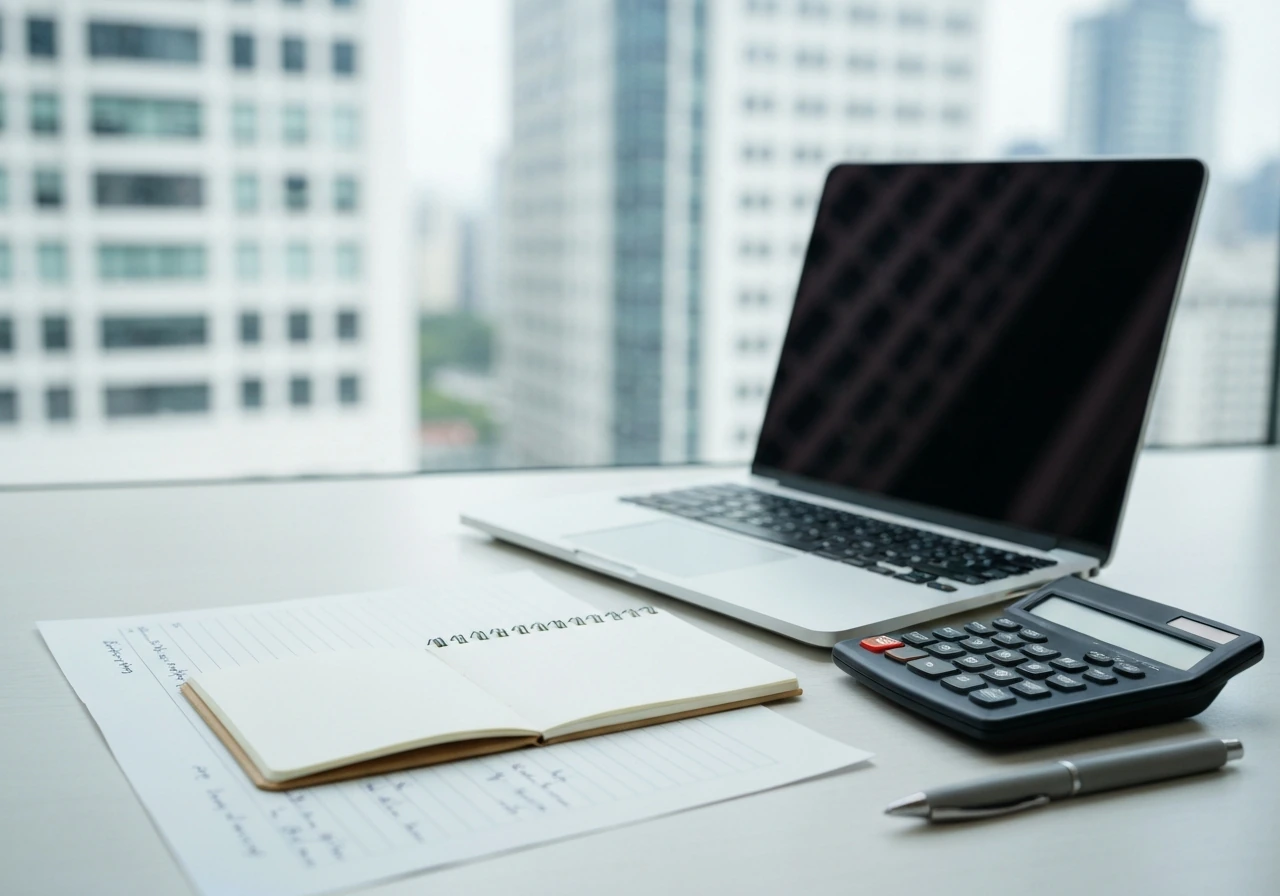 Minimal desk scene with a notebook and calculator, symbolizing an estimated net worth range and analysis.