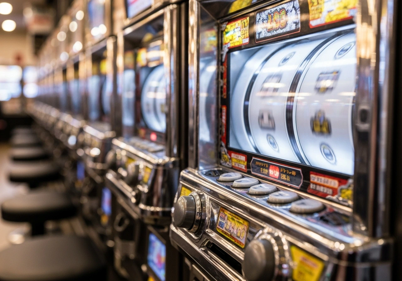 Close-up of an anonymous pachislot machine with illuminated reels in a quiet arcade.