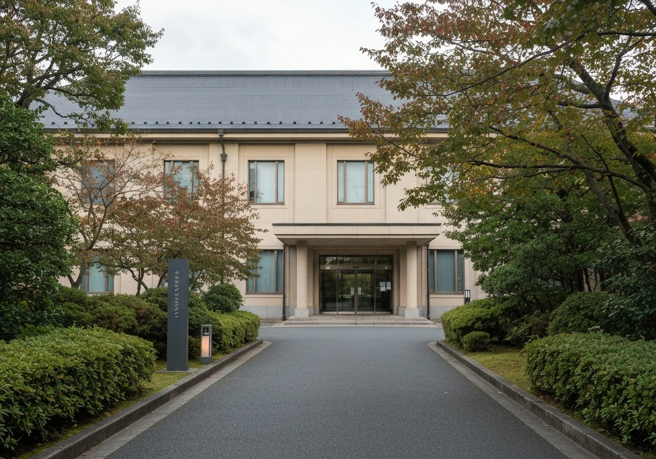 Quiet exterior of the Okada Museum of Art in Hakone, framed by greenery in natural light.