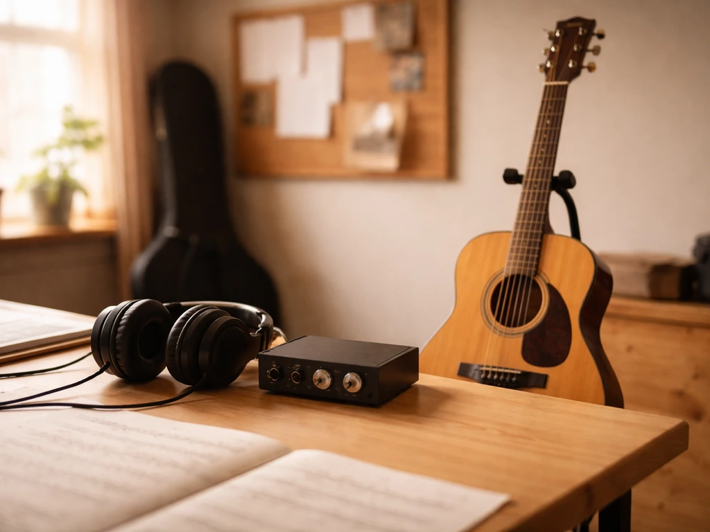 Anonymous studio desk with an acoustic guitar and headphones under natural light, minimal composition.