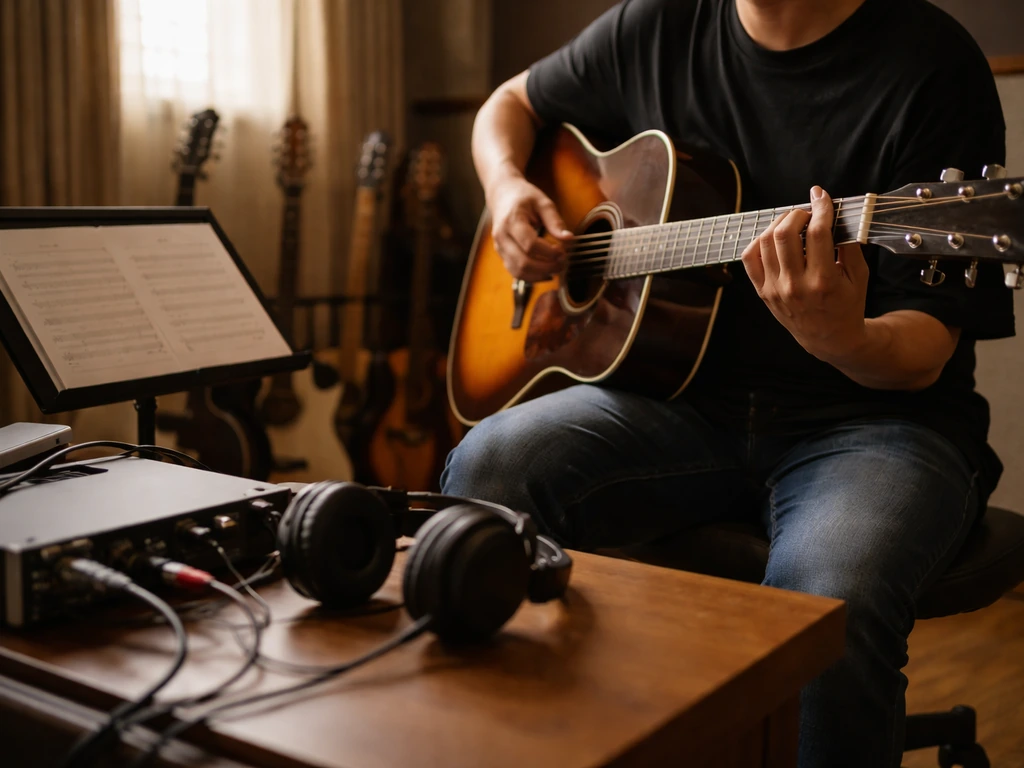 Japanese session guitarist in a quiet recording studio with guitars and audio gear