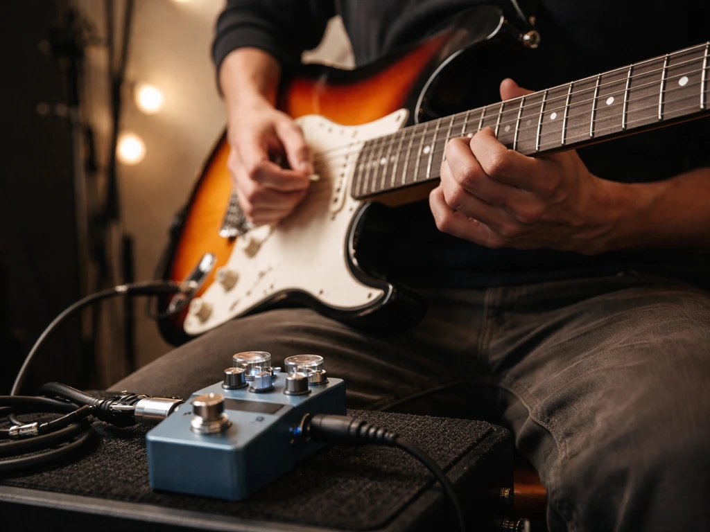Hands playing an electric guitar with a Hotone-style stompbox on a minimal pedalboard.