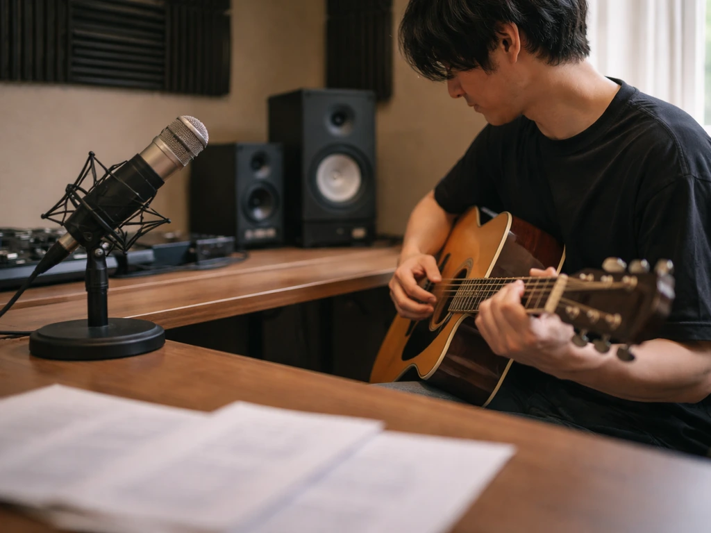 Guitarist recording in a quiet studio with blurred document papers on the desk