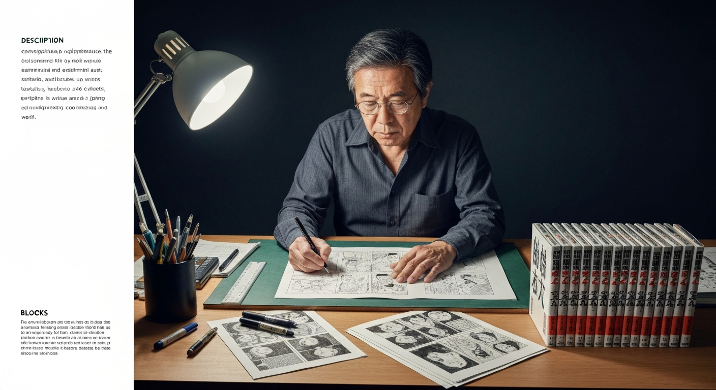 Stylized editorial portrait of a manga creator at a drafting table surrounded by Usogui volumes and drawing tools.