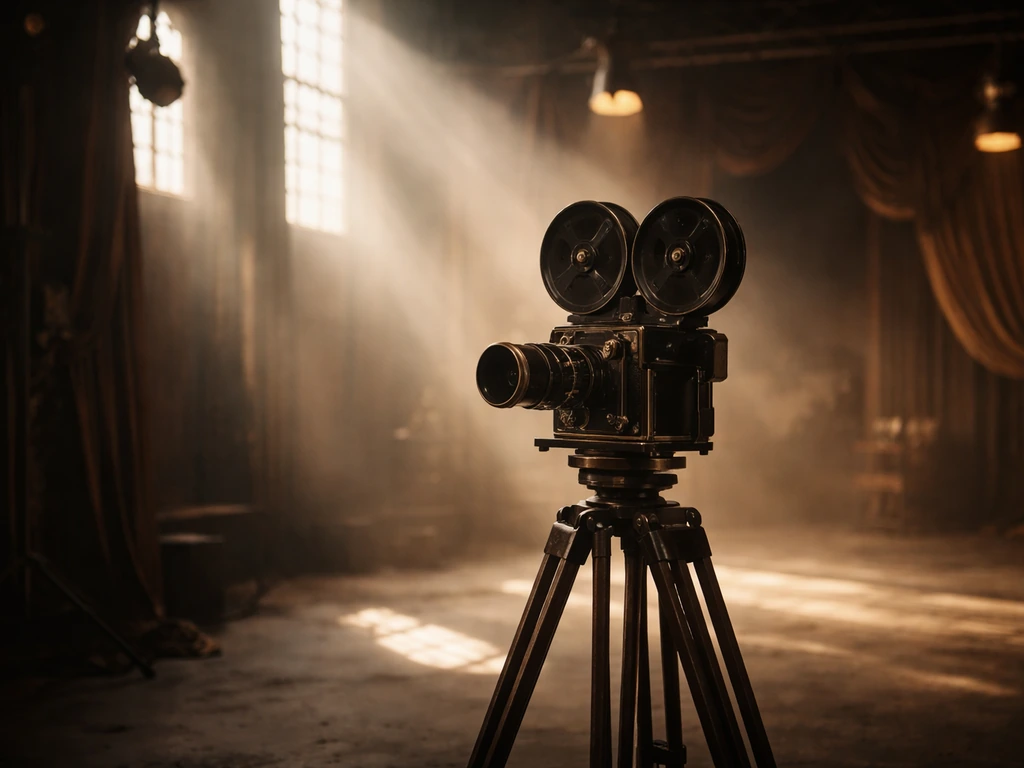 Vintage Hollywood film studio scene with warm spotlight and an elegant silent-era movie vibe