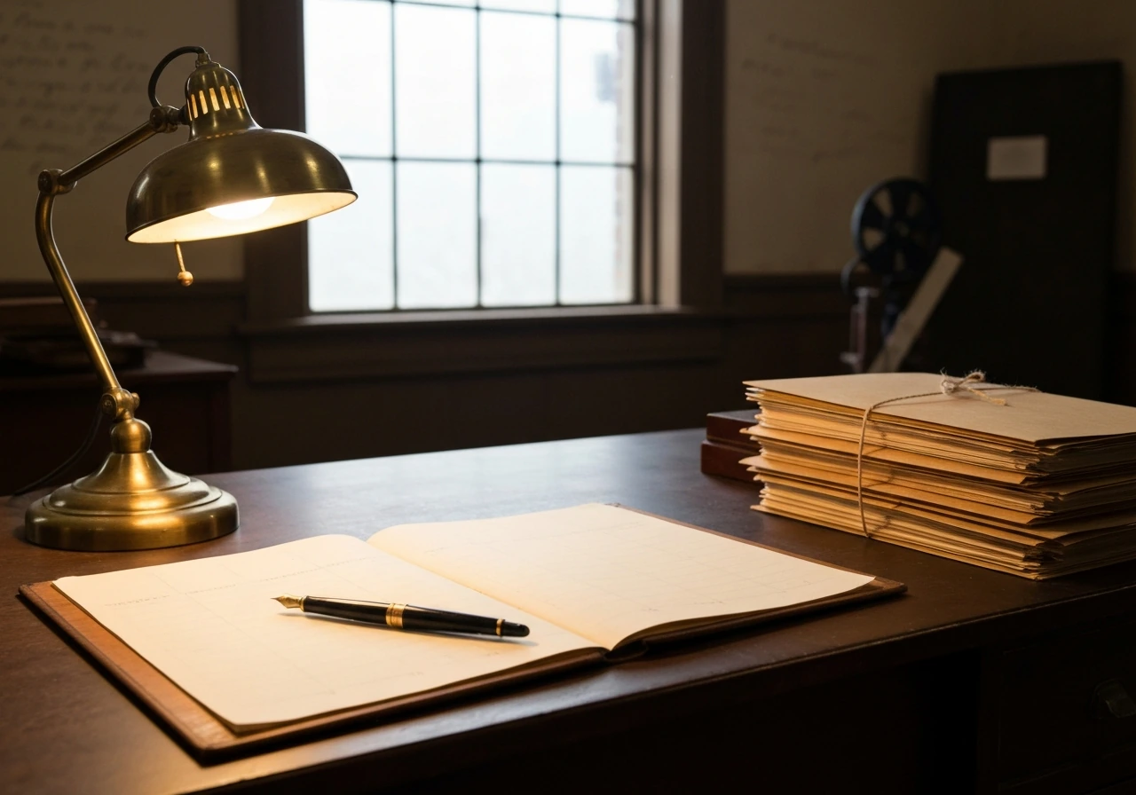 1910s studio office desk with ledger and fountain pen, hinting at acting fees and contracts