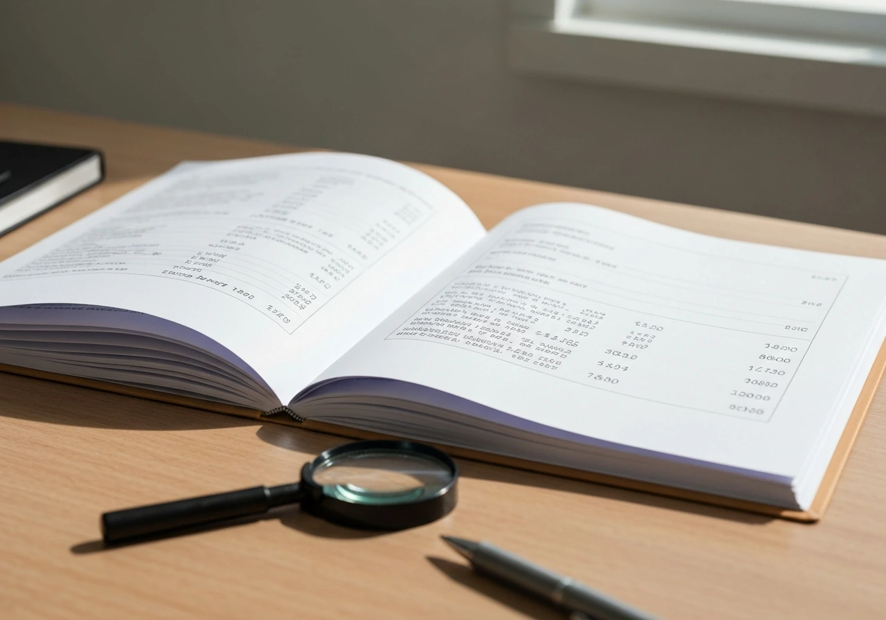 Two open folders on a desk with a magnifying glass, showing a document-based source cross-check setup.
