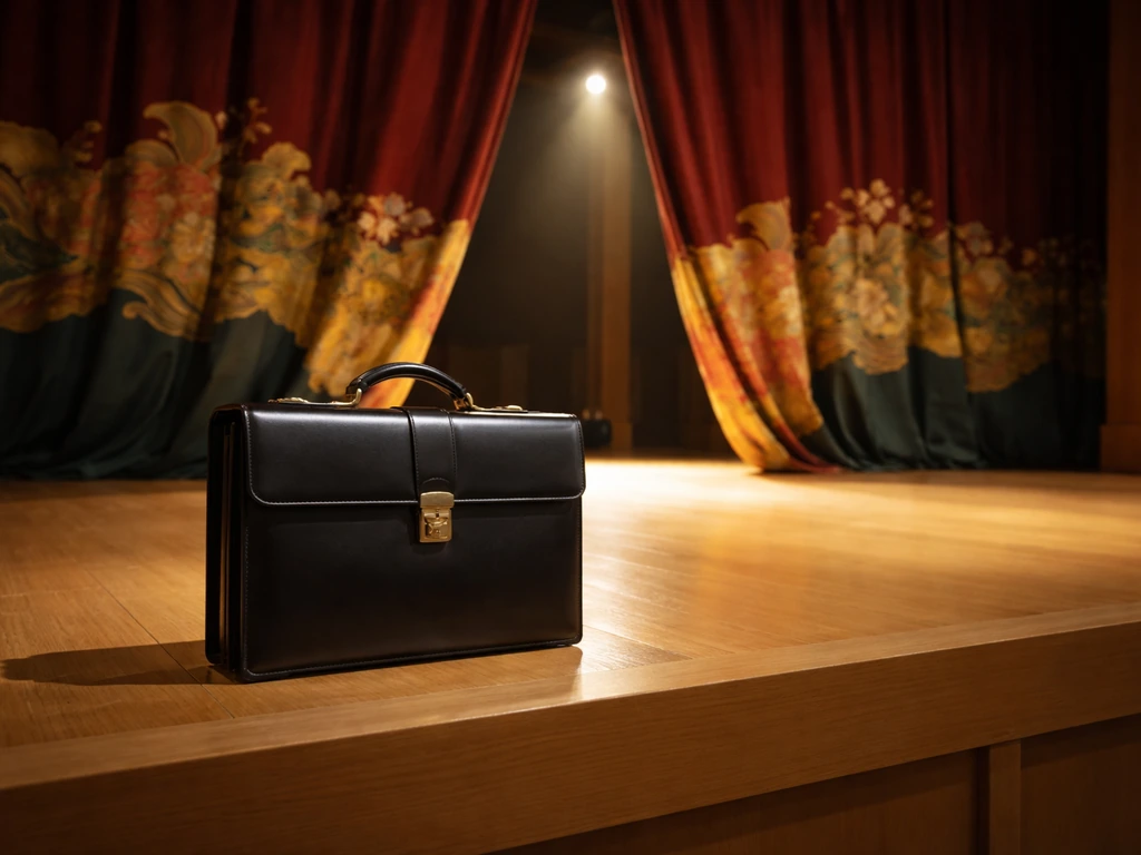 Minimal photo of a traditional kabuki stage curtain and a closed, polished briefcase symbolizing succession and status