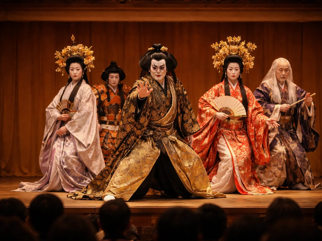 Kabuki stage performance with actors in ornate costumes under warm stage lights