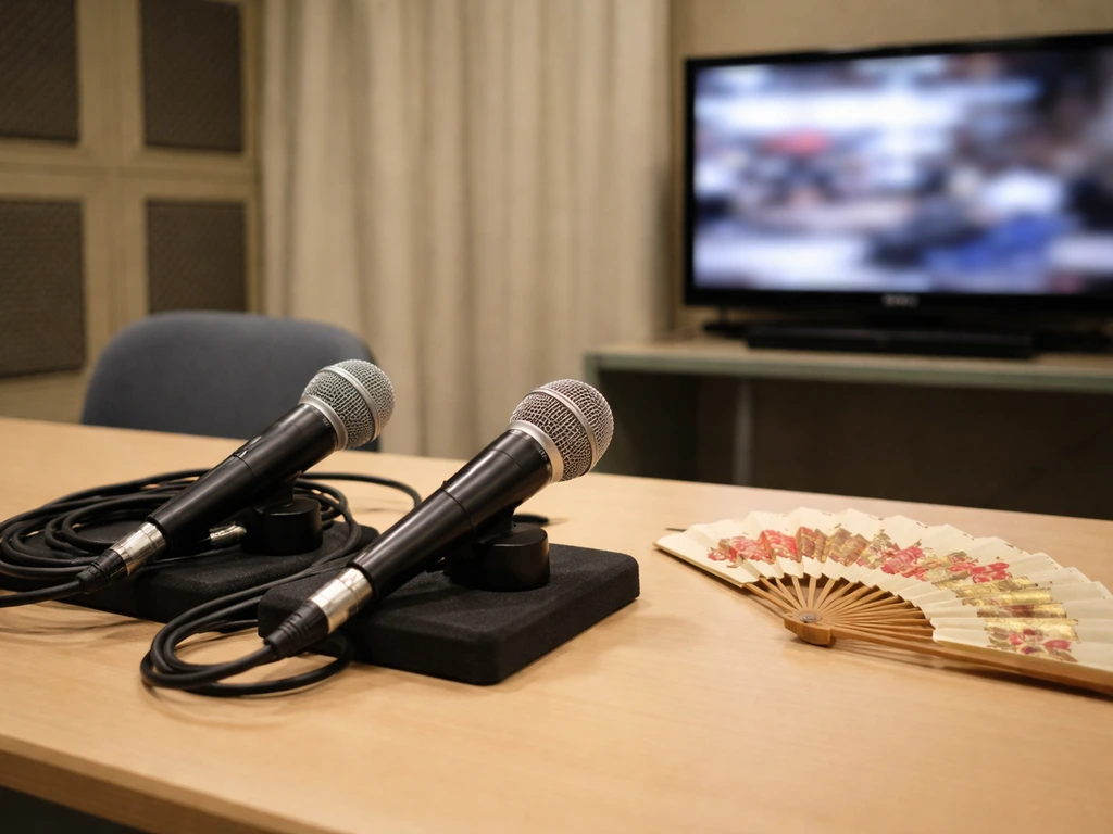 Empty Japanese TV studio desk with microphones and a traditional fan beside blurred background footage.