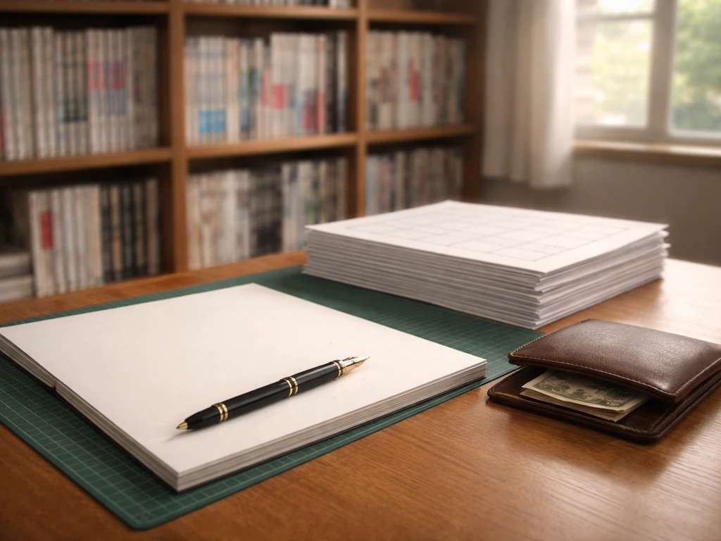 Manga studio desk with wallet and blank sketchbook, suggesting wealth and a creator’s career.