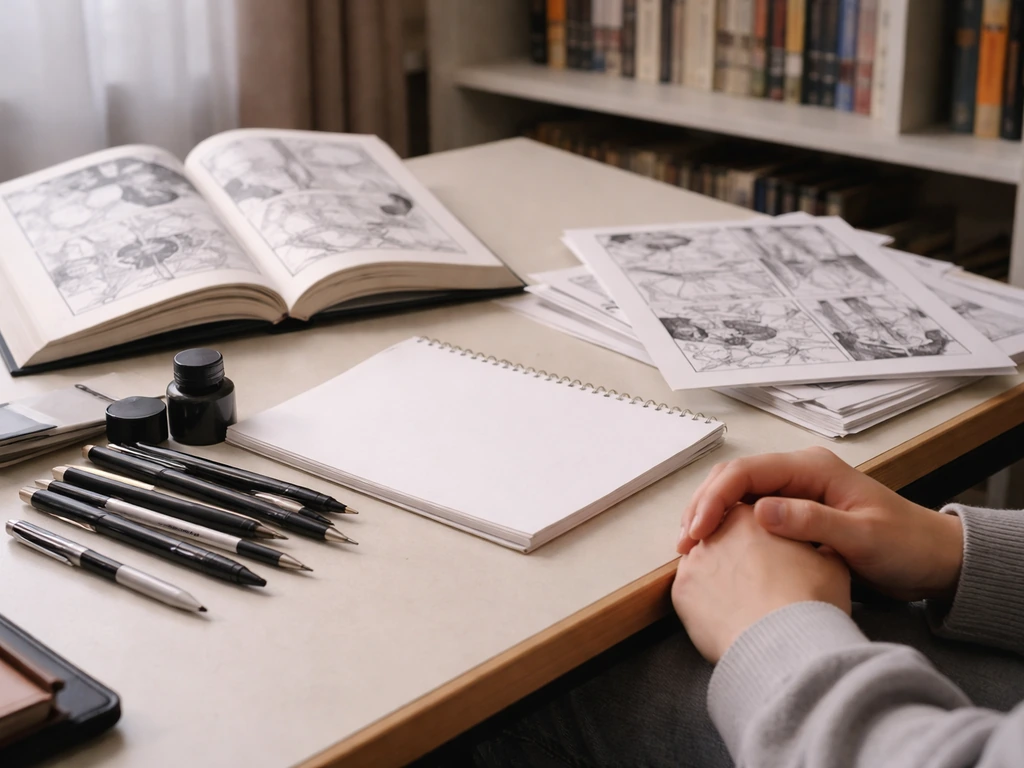 Anonymous hands working in a manga studio with pens and blank sketch pages on a desk.