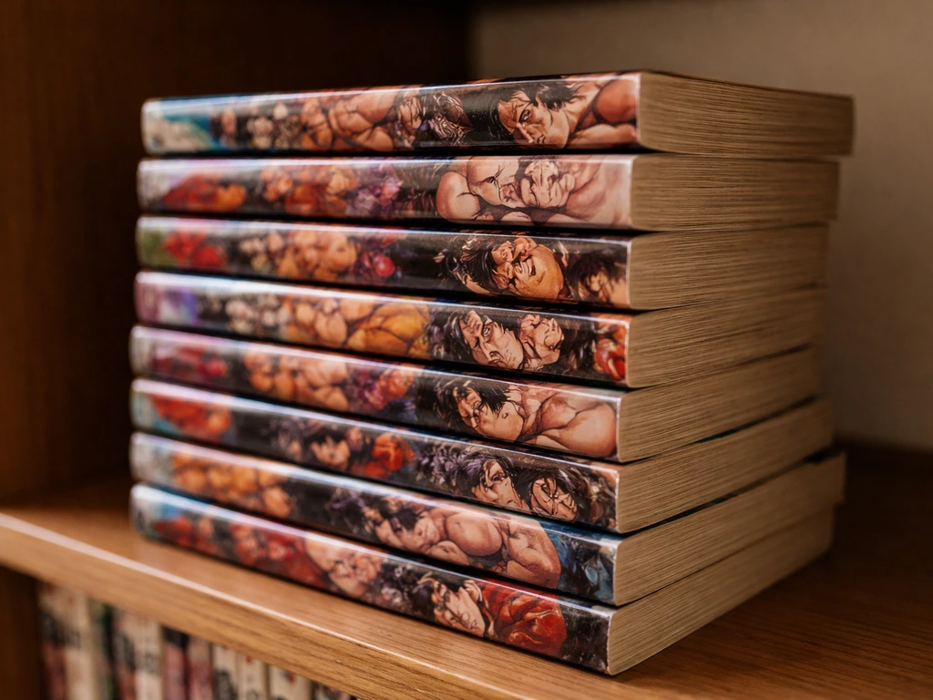 Stacked Baki manga tankōbon volumes on a shelf, shot close-up with shallow depth of field.