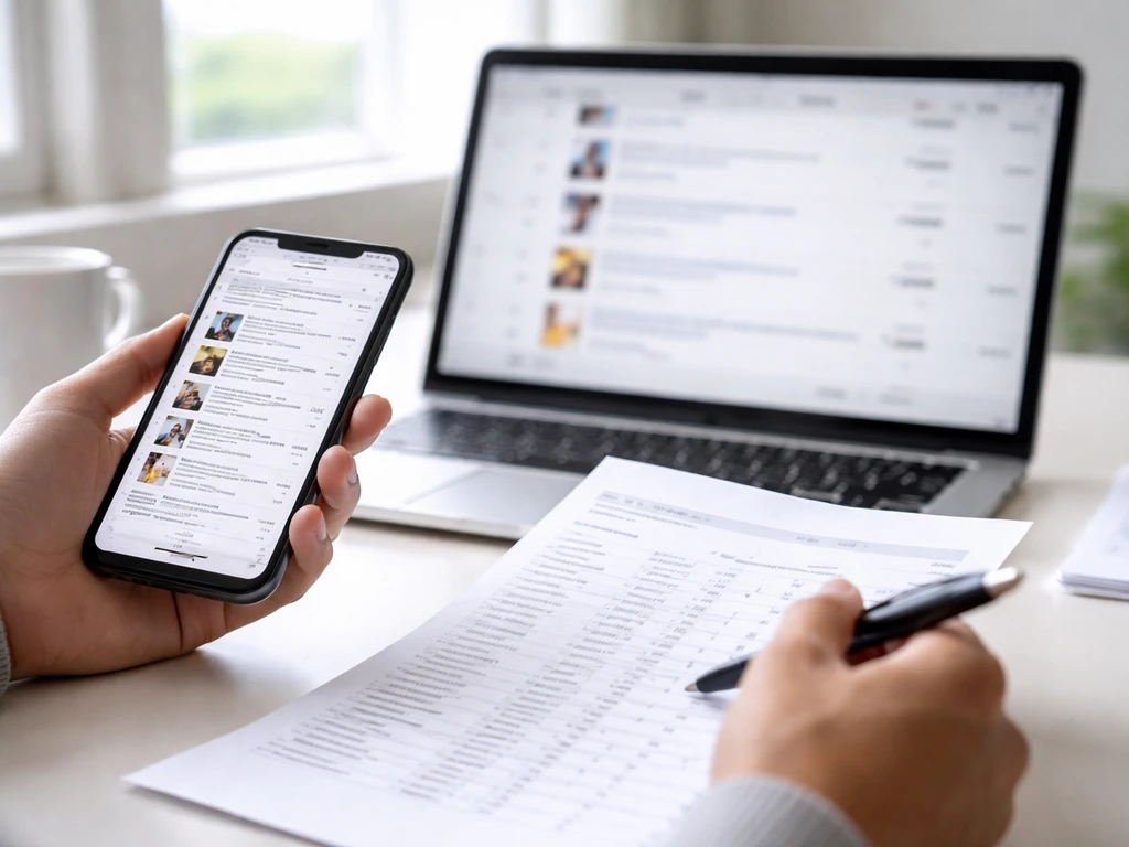 Close-up of hands cross-checking publisher and sales data on phone and laptop with a paper report on a desk.