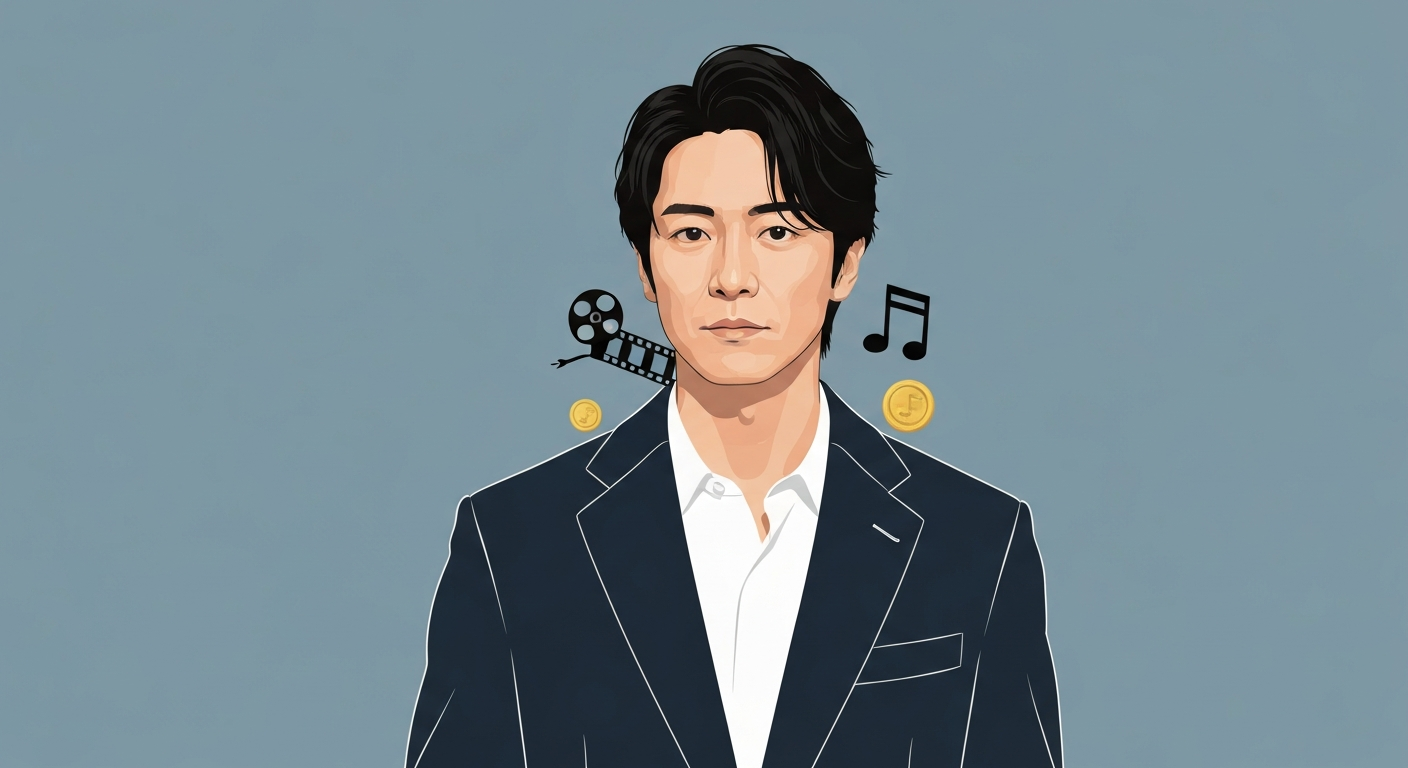 Stylized, non-photorealistic editorial illustration of a Japanese actor with film and music icons and space for headline text.