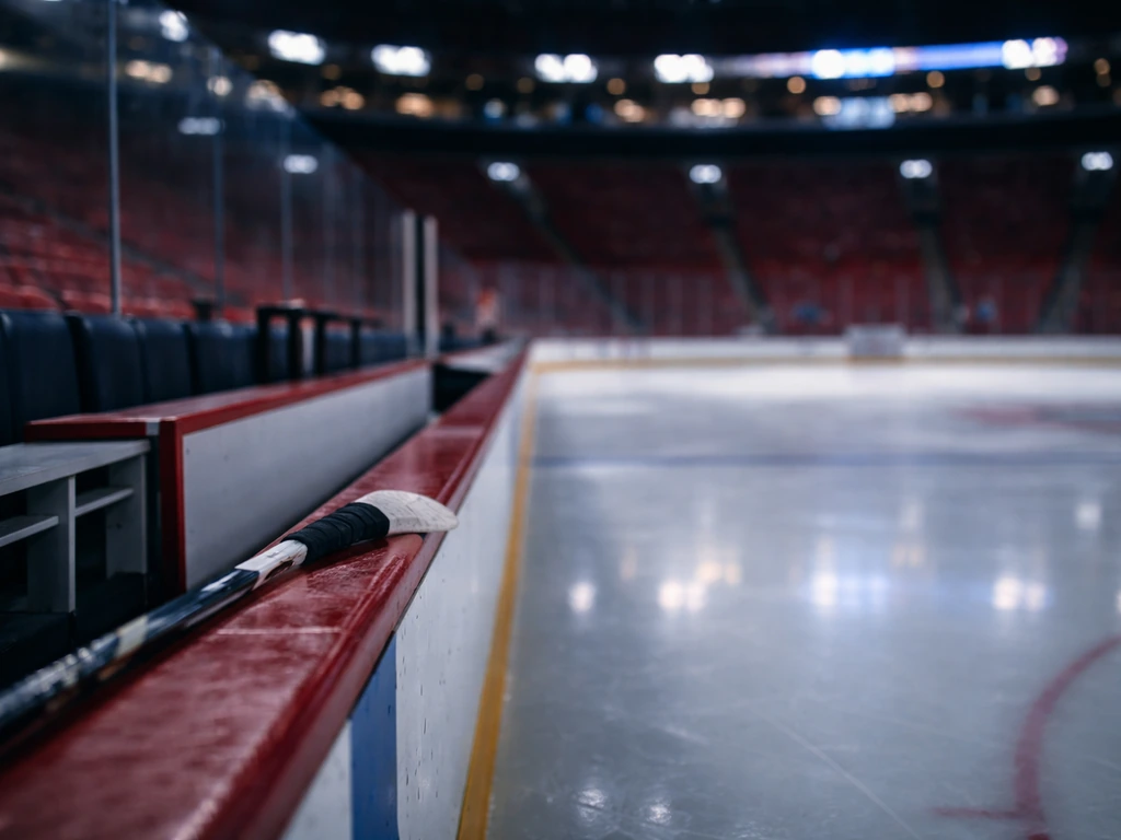 Montreal ice hockey arena lights and empty bench with a hockey stick, suggesting an NHL player identity.