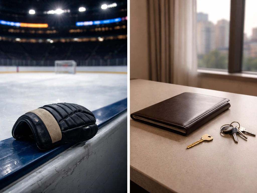Minimal split photo: hockey arena with a glove on one side, desk with keys and portfolio on the other.