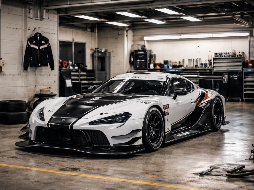 A race car in a quiet Japanese garage bay with workshop details suggesting a racing team owner.