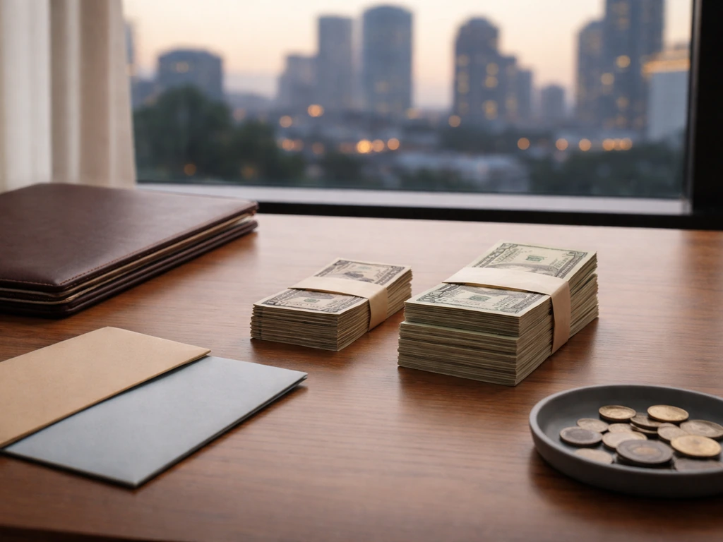 Minimal desk scene with money, a portfolio, and two different-sized bill stacks symbolizing a net-worth range.