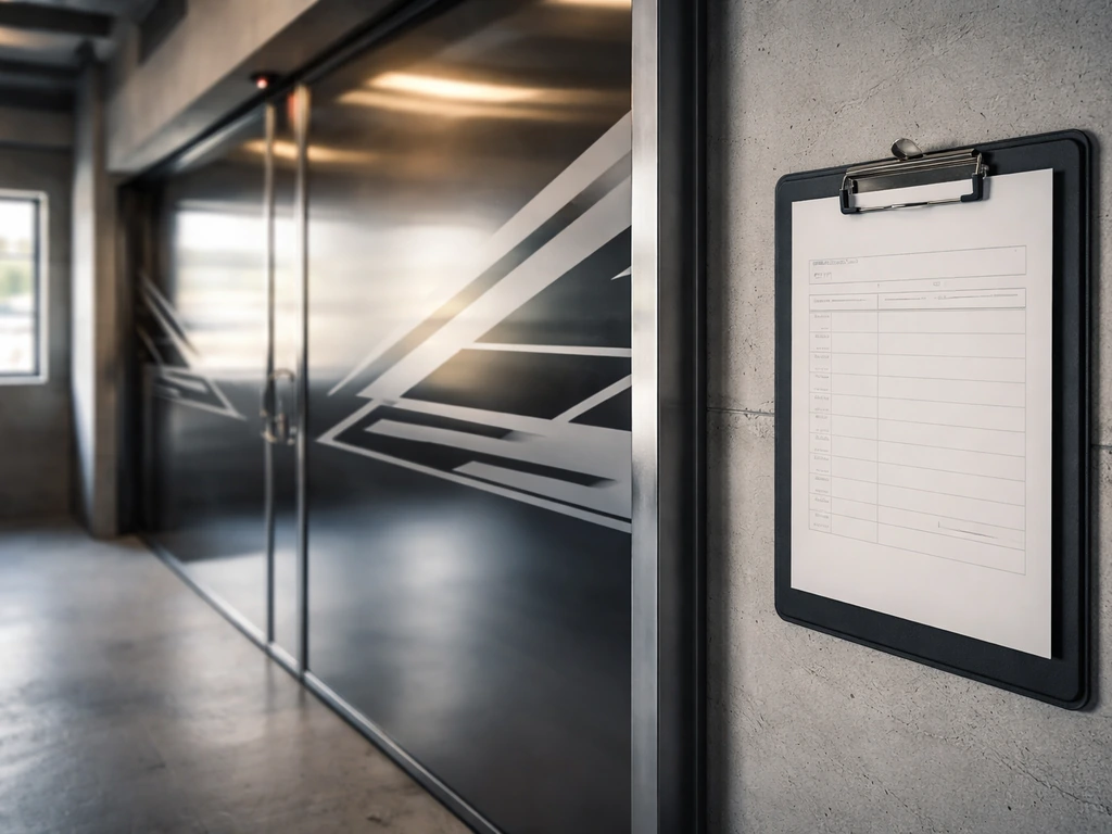 Close-up of a motorsports garage with a clipboard document block suggesting an address-style asset clue.