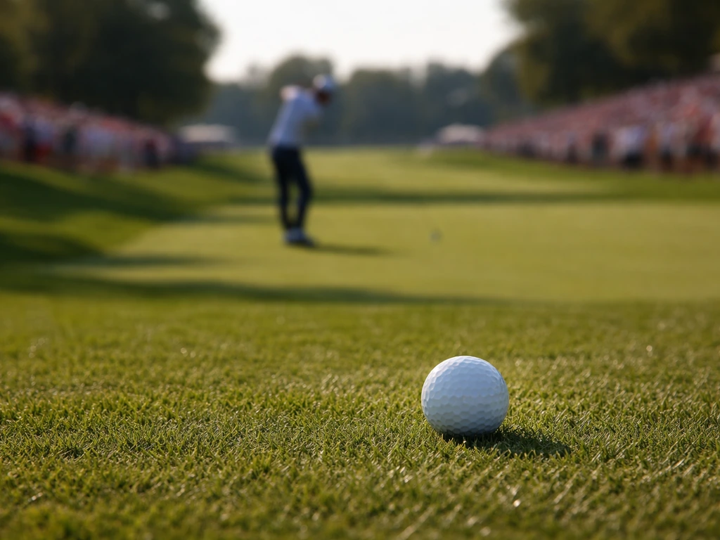 Golf ball on manicured grass with a blurred tournament background and distant golfer silhouette.