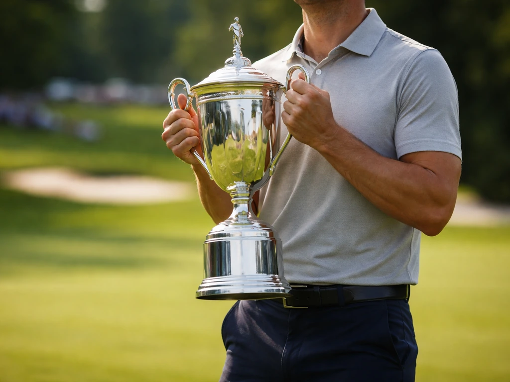 Golfer holding a shining championship trophy on a sunny golf course, generic celebration
