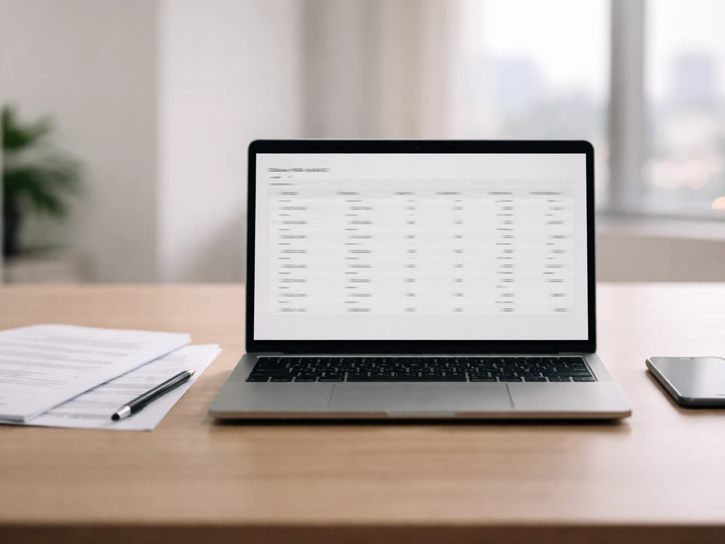 Minimal desk scene with printed earnings documents and a laptop showing an anonymous table layout for verification.