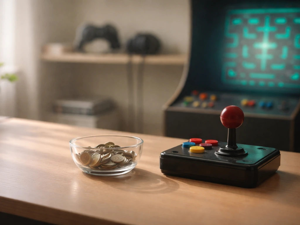 A minimalist office desk scene with a glowing arcade-game theme, symbolizing Pac-Man creator earnings.