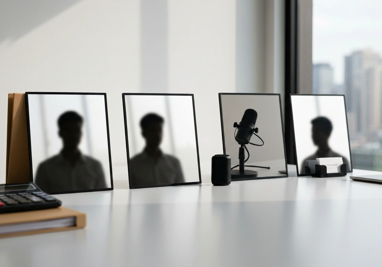 Three anonymous portrait-style thumbnails on a desk with finance, podcast, and business cues, no text
