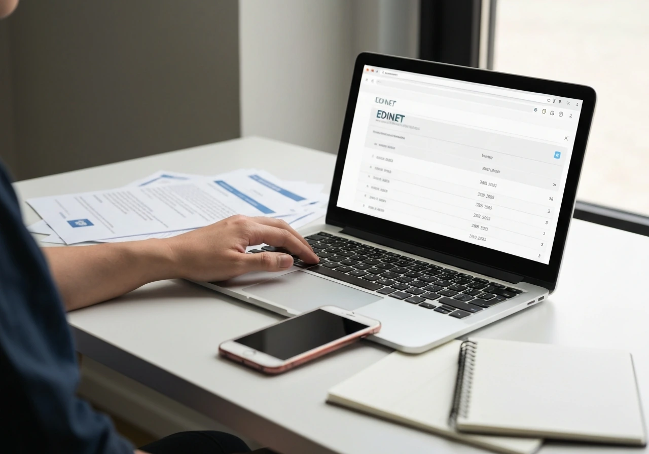 Hands using a laptop to verify finance sources, with a blurred browser showing an IR page and filing list.