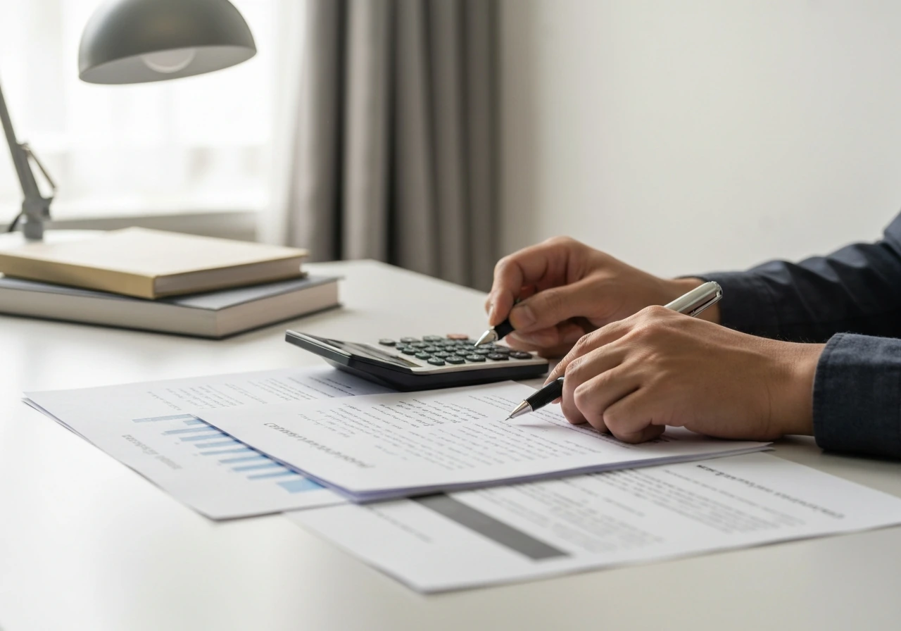Person at a desk reviewing financial papers with a calculator and pen in a quiet office
