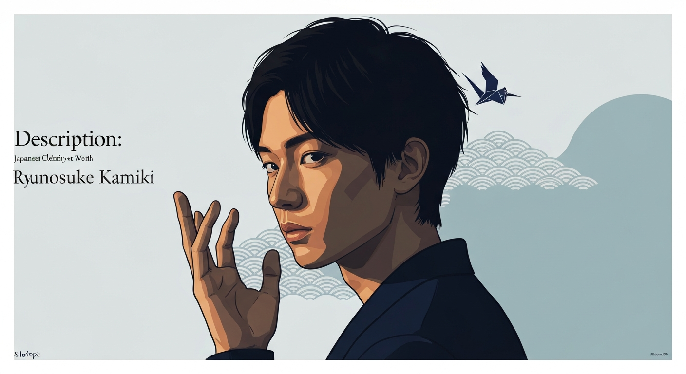 Stylized editorial illustration evoking a young Japanese actor in cinematic lighting with subtle Japanese motifs; space for headline text.