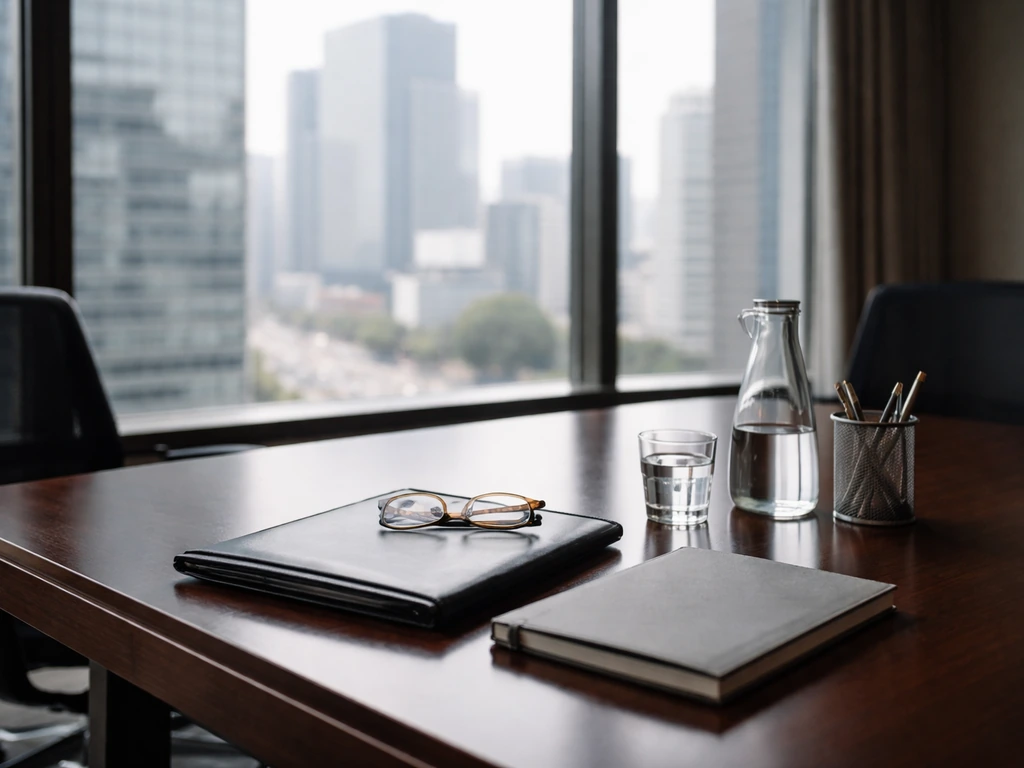 Minimal Tokyo boardroom with table items and city skyline through windows, suggesting executive finance analysis