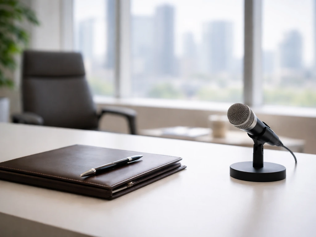Minimal executive office desk with portfolio and small microphone, skyline beyond windows