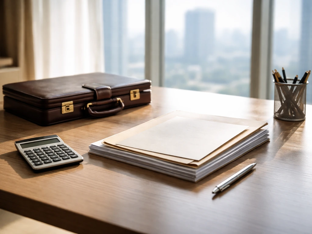 Sunlit office desk with papers and a calculator beside a small briefcase, symbolizing executive income sources.