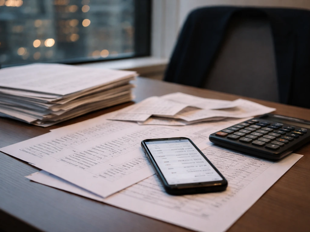Minimal desk scene with scattered financial papers and a smartphone showing blurred numbers to suggest estimate errors.