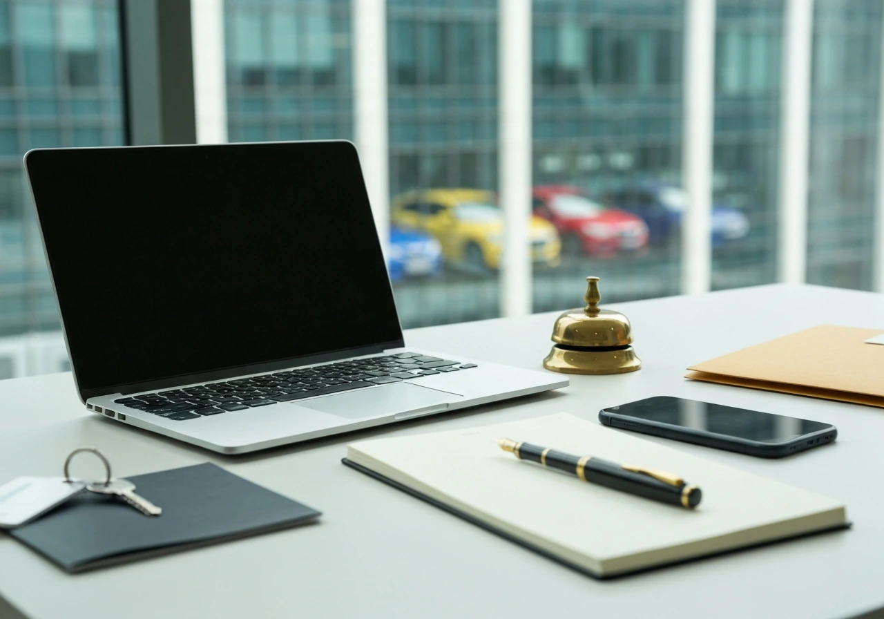Minimal executive desk scene with corporate building backdrop, symbolizing business valuation and verification.