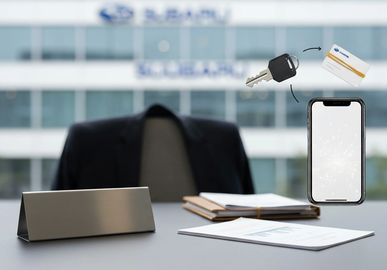 Minimal scene suggesting Subaru leadership identity confusion: nameplate-like plaque and search-cue visuals, no text.