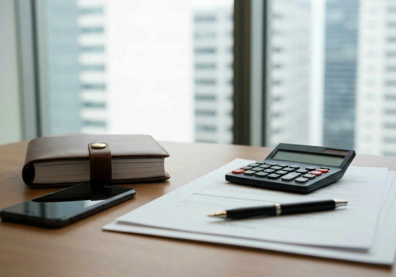 Japanese corporate executive’s desk with financial papers and a calculator, symbolizing salary and bonuses