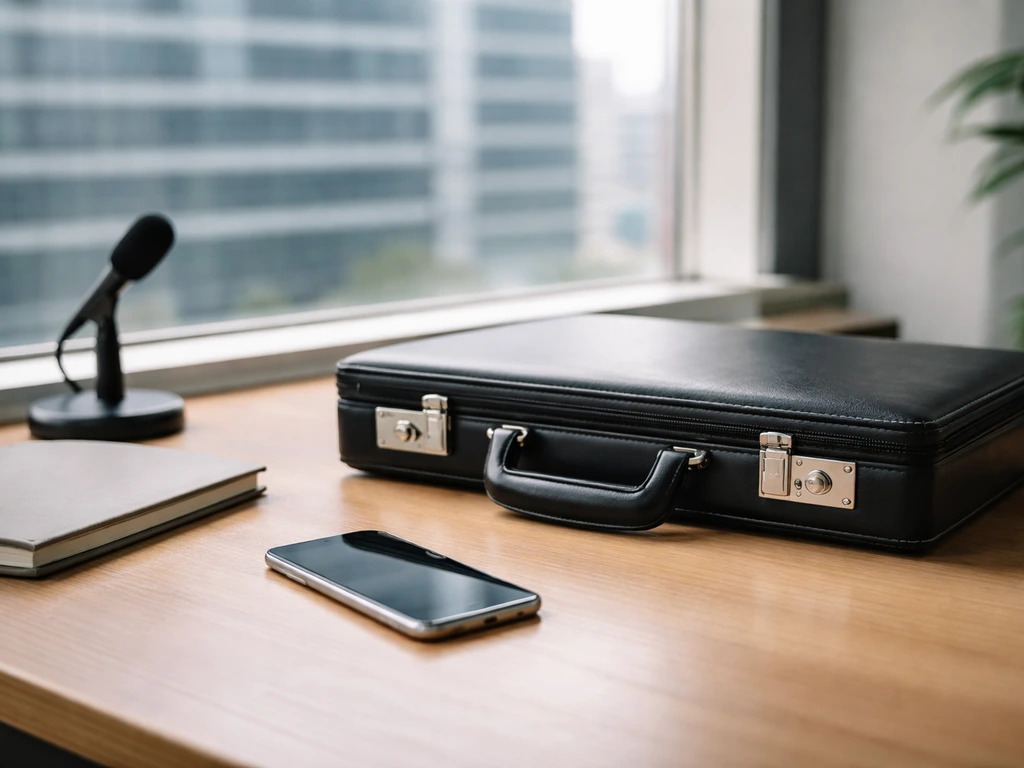 Minimal office scene with a leather briefcase and blurred corporate building outside a window