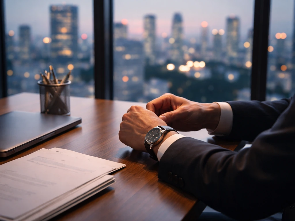 Luxury finance desk scene with a laptop, documents, and city skyline bokeh suggesting a founder overview