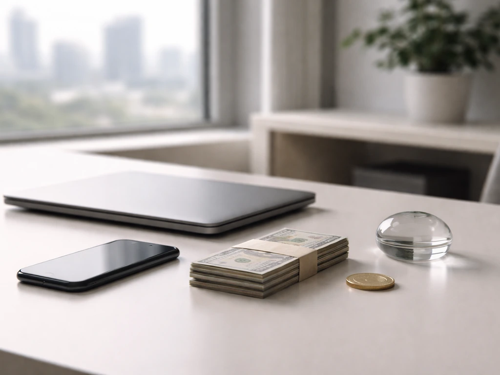 Minimal office desk with laptop, smartphone, banknotes and a gold coin near a window.