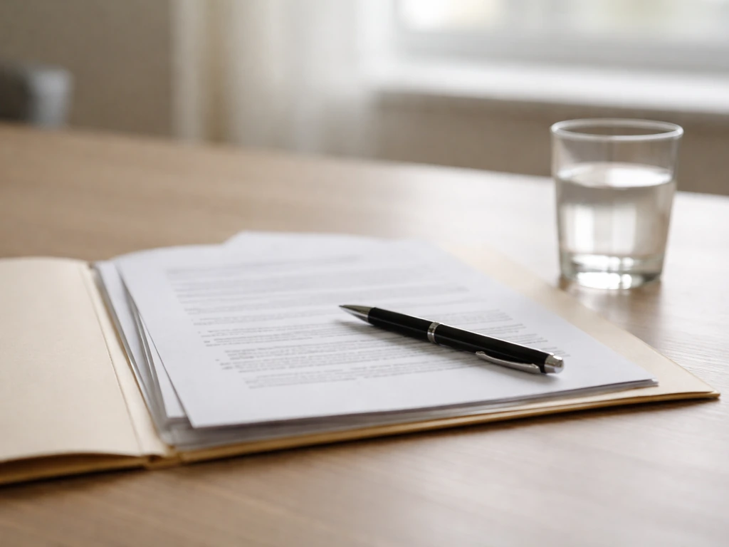 Close-up of a folder with printed corporate documents and a pen on a desk, suggesting executive compensation review.