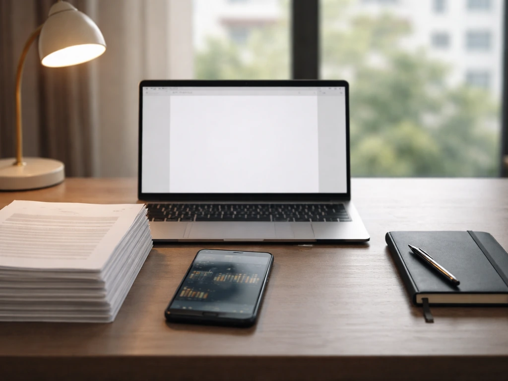 Minimal desk scene with corporate documents, blurred market view on phone, and laptop for verification research.